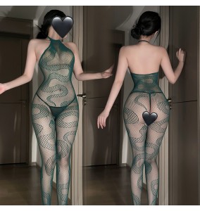 FEE ET MOI - Sheer Snake-Pattern Jacquard Bodystocking (Green)